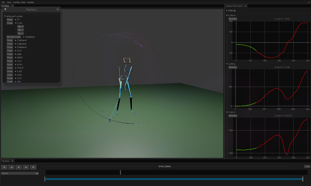 Swing3D graphs dashboard showing joint kinematics