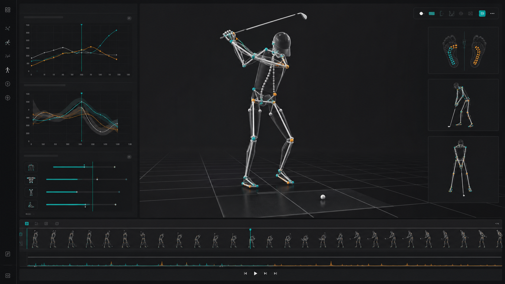 A 3D motion analysis interface showing a golf swing, timeline, and biomechanical data panels.